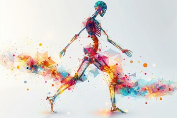 An abstract representation of the human skeleton, composed of colorful lines and shapes, appears to be walking.