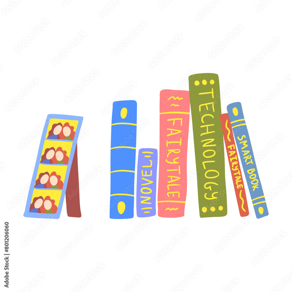 Poster cartoon color stack different stack books and photo frame with two friends element home inside inter