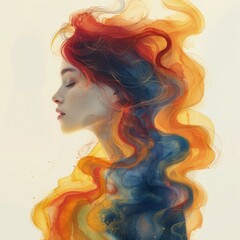 Surreal portrait young woman red blue smoke flowing hair dreamy abstract art - obrazy, fototapety, plakaty