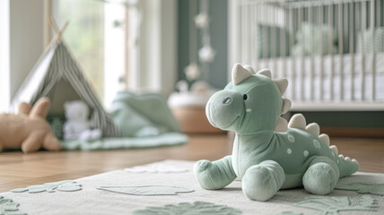 Fototapeta premium Plush dinosaur toy in nursery room.