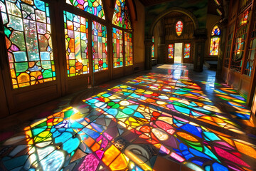 Pieces of colorful stained glass catch the light, casting vibrant hues across the room - obrazy, fototapety, plakaty