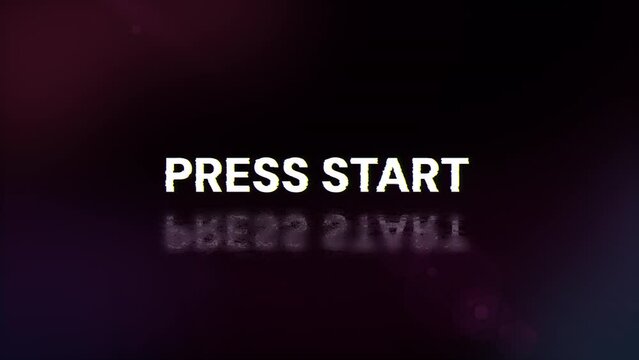 Press start text with screen effects of technological failures. Spectacular screen glitch with various kinds of interference. Looped