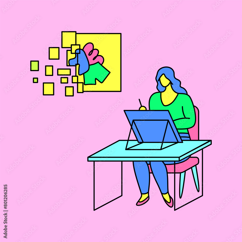 Aufkleber character girl using computer at sitting at desk digital art concept color contour linear style. vec