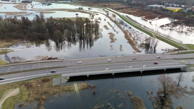 Floodwaters of the Widawa River, Lower Silesia, Poland.