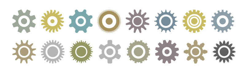 Colorful gears vector set on white background. Cogwheels collection, technology concept illustration to use for teamwork, engineering business projects.