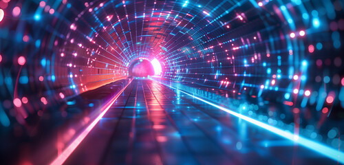 Abstract grid background with neon blue and pink lights, motion blur of a tunnel - obrazy, fototapety, plakaty