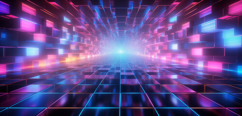 Abstract grid background with neon blue and pink lights - obrazy, fototapety, plakaty