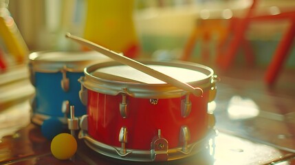 A toy drum set with drumsticks resting on top
