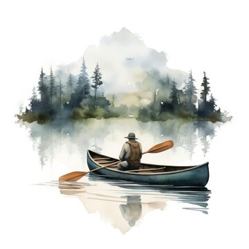 man canoeing on lake watercolor painting clip art preview