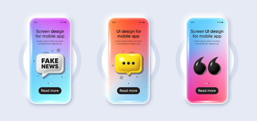 Phone 3d mockup gradient screen. Fake news tag. Media newspaper sign. Daily information symbol. Fake news phone mockup message. 3d chat speech bubble. Yellow text box app. Vector