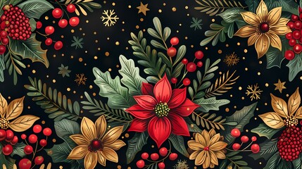Retro red and green flowers plant pattern illustration poster background