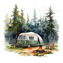 Watercolor illustration of a camper setting up a tent in a forest
