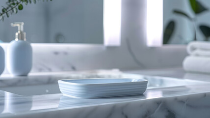 White soap dish on a marble countertop.