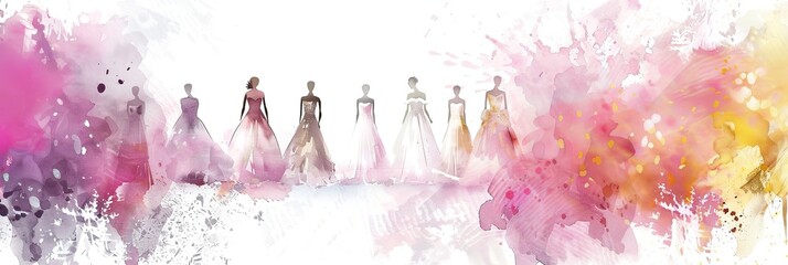 This ethereal watercolor illustration captures a bridal fashion show, perfect for promoting wedding dress designs and bridal event themes.
