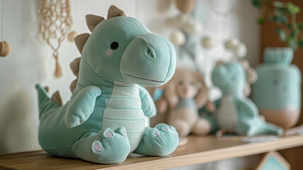 Plush dinosaur toy on shelf