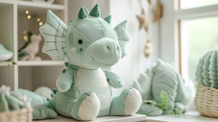 Plush dragon toy in a nursery setting