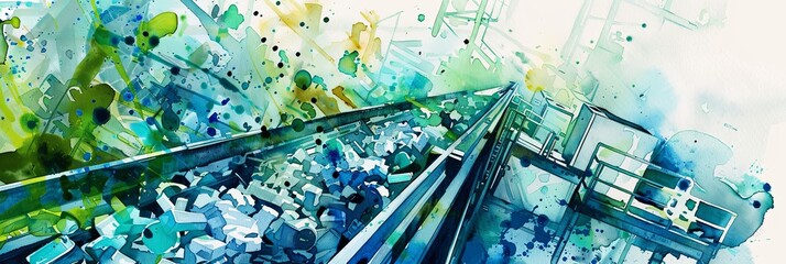 This watercolor painting showcases a busy recycling plant, emphasizing environmental responsibility and waste management.