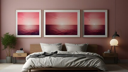 3 Wall Art Mockup, Interior Design of Bedroom Pink Theme, Bedroom Wall Art Mockup