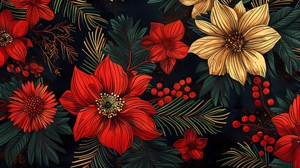 Retro red and green flowers plant pattern illustration poster background