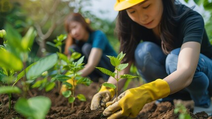 a Korean woman and her volunteer friend planting plants to protect the environment.