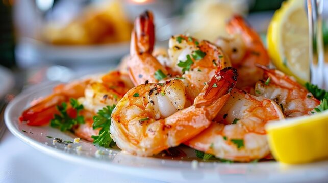 Exquisite presentation of succulent grilled shrimp on an elegant and pristine white plate