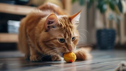 A yellow cat playing with a toy in his mouth