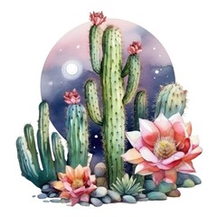 Single Cereus cactus under moonlight dramatic watercolor clipart