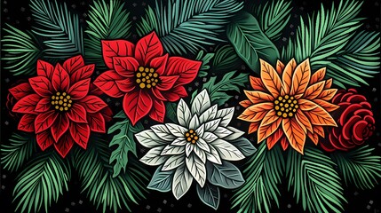 Retro red and green flowers plant pattern illustration poster background - obrazy, fototapety, plakaty