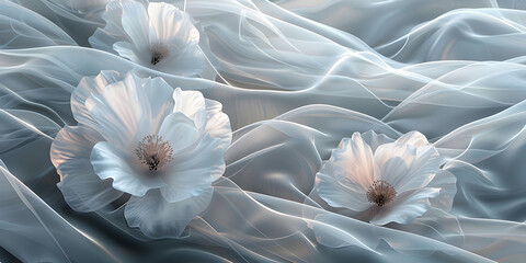 Closeup Illustration of Majestic White Flowers with a Smokey Effect, Ethereal Floral Closeup White Flowers & Smoke