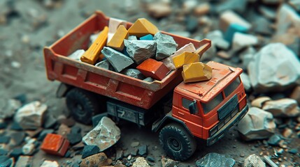 A toy dump truck filled with miniature construction materials - Powered by Adobe