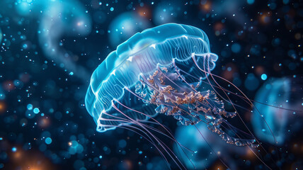 A glowing jellyfish underwater.