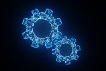 Connected large and small neon glowing gear cog wheels in black background. Illustration of the concept of teamwork, efficiency and machinery