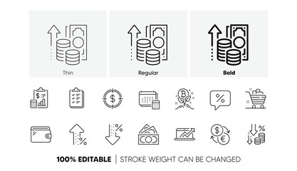 Inflation, Bitcoin project and Report line icons. Pack of Money, Low percent, Increasing percent icon. Checklist, Wallet, Discount message pictogram. Currency exchange, Dollar target. Vector