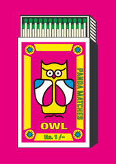 Bird of night, Hooter, Owlet, Bird, Screech owl, Little owl. lighter belonging, lighter can, matchbox, matches vector illustration. Vintage, antique retro style packaging. Indian art old style design.