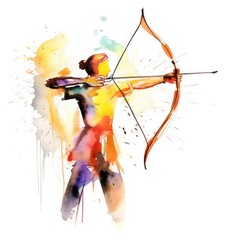 Archery enthusiast aiming an arrow focused watercolor clipart - obrazy, fototapety, plakaty