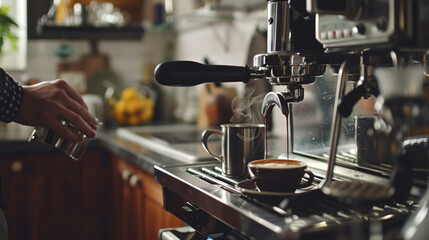 Preparing fresh espresso with coffee machine in kitchen