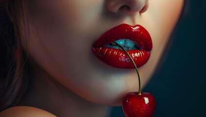 Beautiful woman with red lips and cherry on dark background, closeup - obrazy, fototapety, plakaty