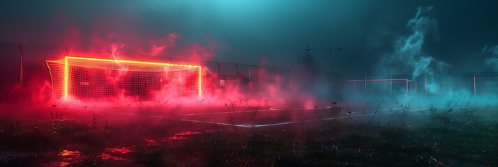 Textured soccer game field with neon fog and glowing goalposts  - obrazy, fototapety, plakaty