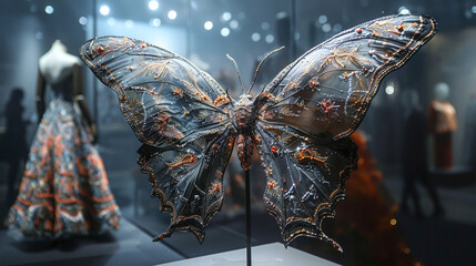 A beautiful and unique butterfly sculpture made of metal and displayed in a museum
