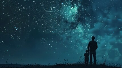 son and father gazing at the milkyway over the hill 