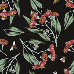 Seamless pattern with bees pollinating blooming eucalyptus.
