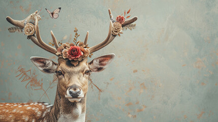 A beautiful deer with a unique floral headdress stands in front of a textured background - obrazy, fototapety, plakaty