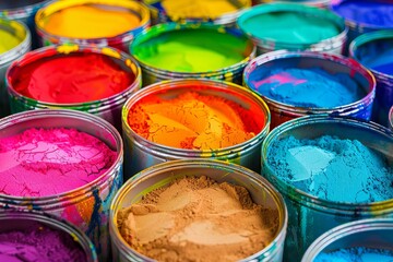 An array of open paint cans spills a spectrum of powdered colors typically used in the Holi festival, creating a bright and festive pattern - obrazy, fototapety, plakaty