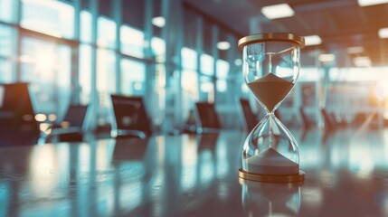 Pressure as a critical business deadline approaches in a bustling corporate environment. Hourglass and sand clock