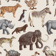 Seamless pattern with hand drawn extinct animals