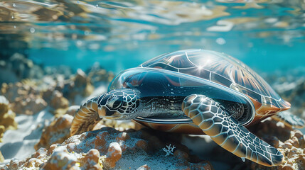 A beautiful sea turtle glides gracefully through the vibrant coral reef, its flippers cutting through the water with elegance and ease