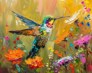 Abstract Hummingbird of Paradise, vibrant flowers, palette knife oil paint, charming theme, dramatic highlights