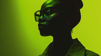 black woman silhouette on green background, studio setting