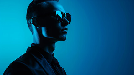 silhouette of a man with glasses on blue background, studio setting