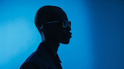 silhouette of a black man with glasses on blue background, studio setting